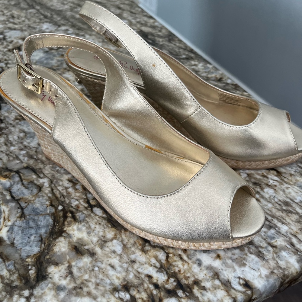 Lilly Pulitzer Gold Peep-Toe Wedges